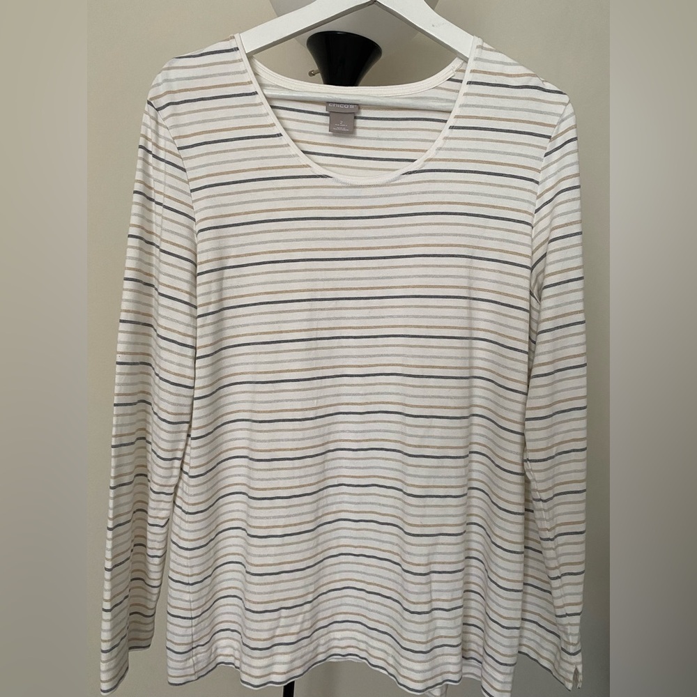 Chico’s Women’s Long-Sleeve Scoop Neck Tee in Cream with Gray Stripes Size 2